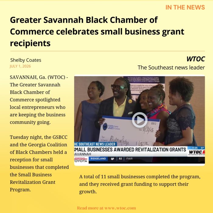 WTOC news feature highlighting the Greater Savannah Black Chamber of Commerce Small Business Revitalization Grant Program and its 11 small business recipients.