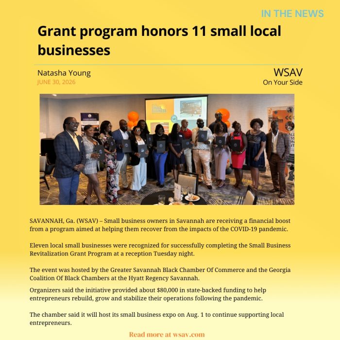 WSAV news feature showing Small Business Revitalization Grant Program recipients at the Greater Savannah Black Chamber of Commerce awards reception in Savannah.